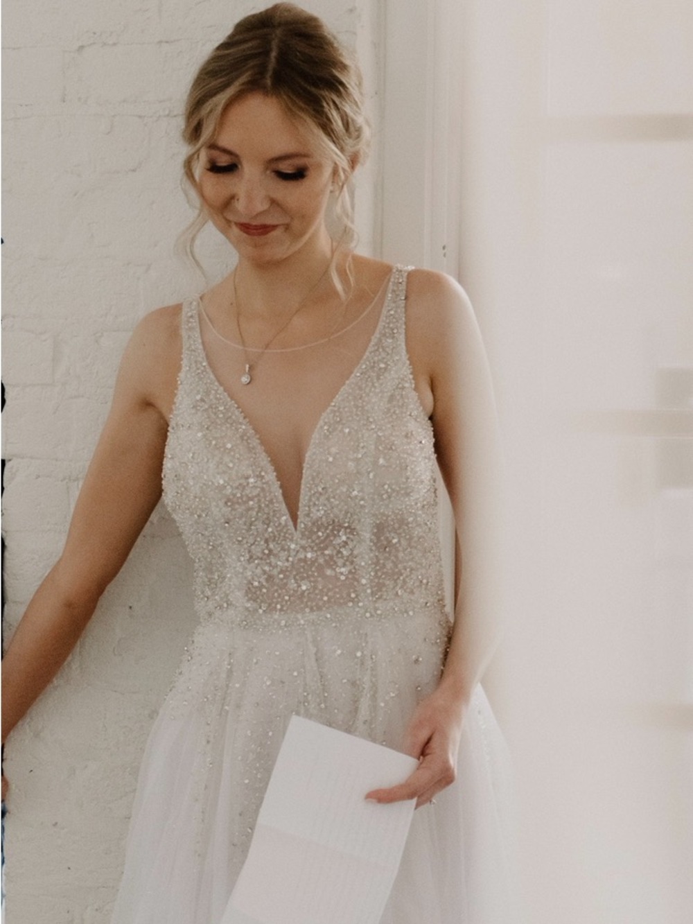 Beaded V-Neck Tulle Dress in White